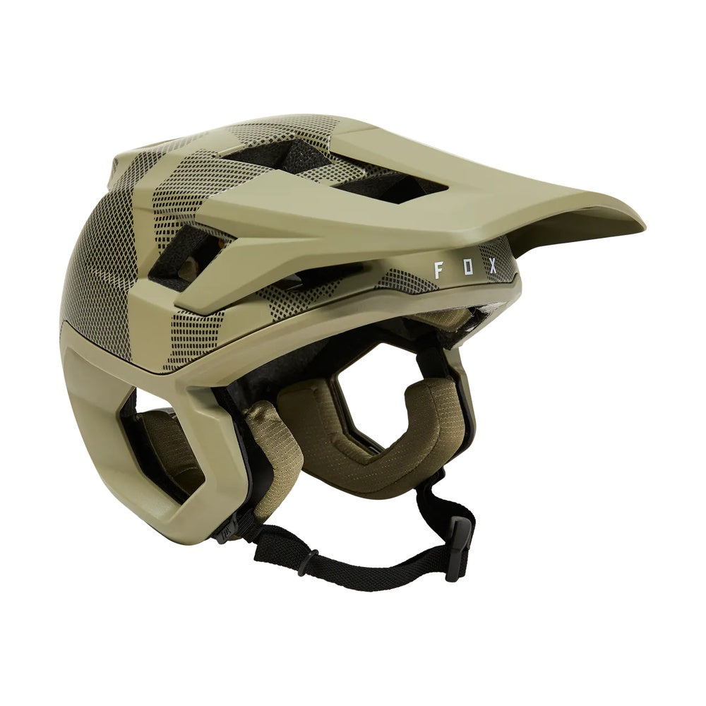 Fox Racing Dropframe Pro mountain bike helmet in olive green camo pattern