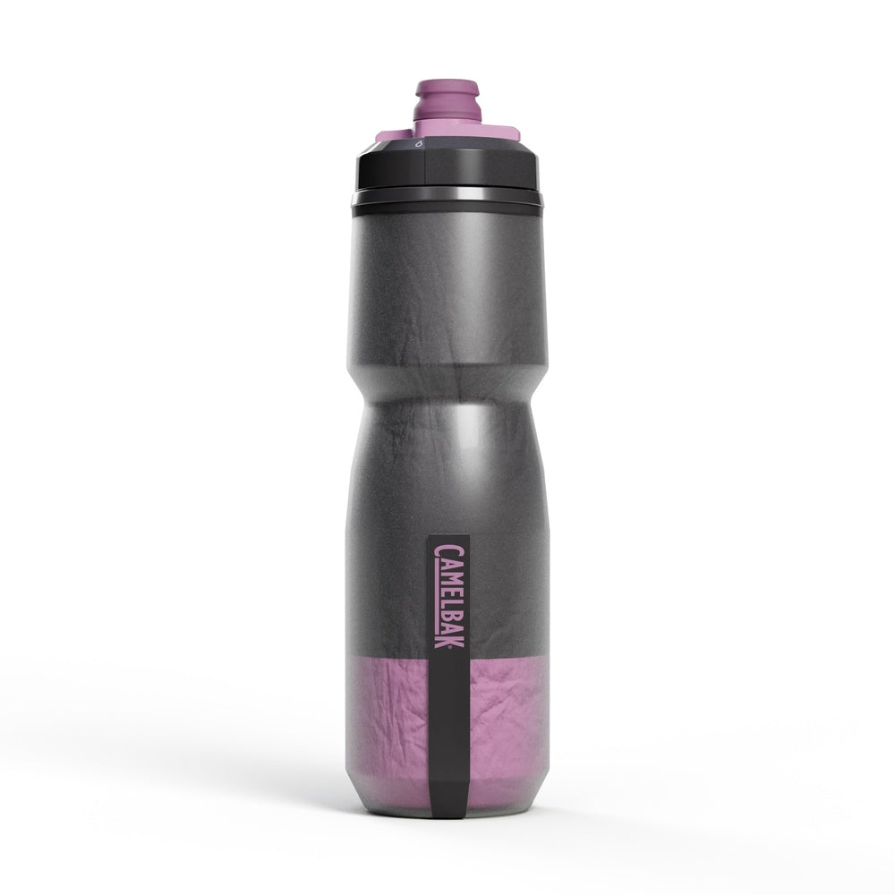 CamelBak Podium water bottle in grey with purple stripe accent and matching cap