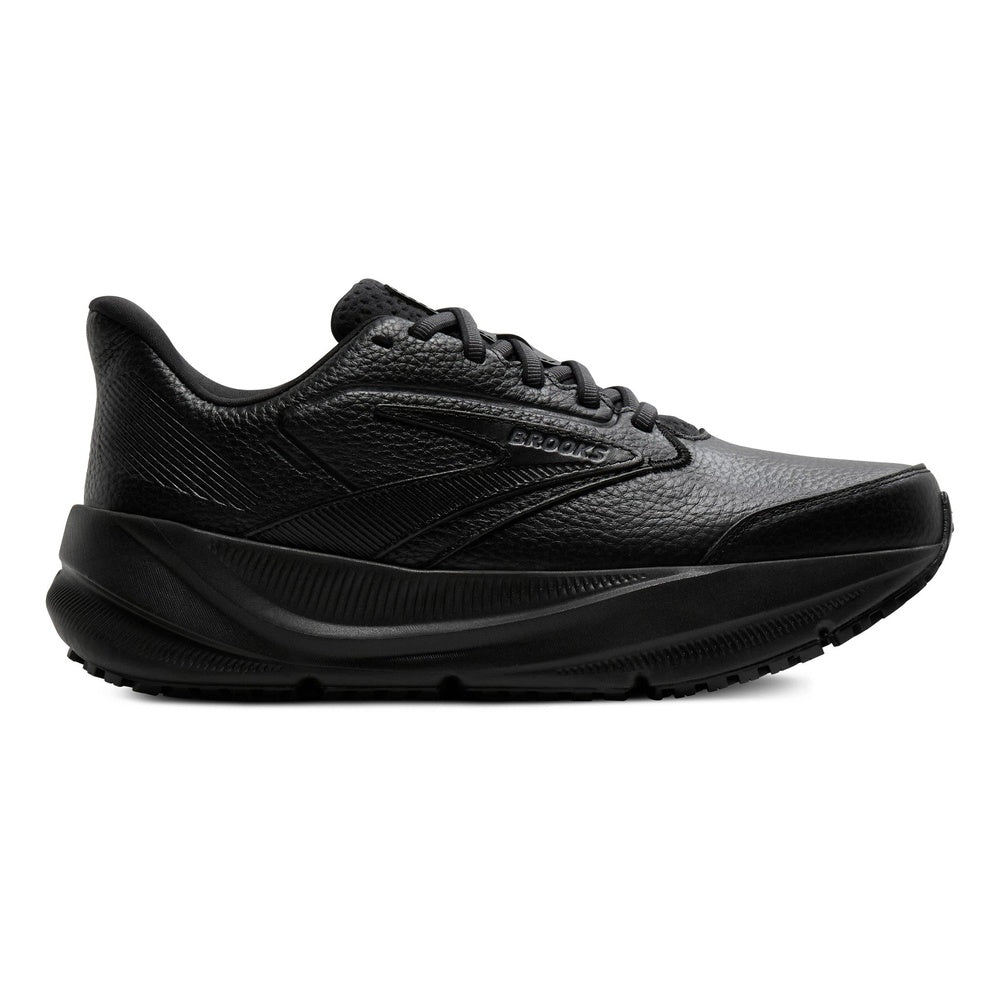 Brooks Ghost Max Slip Resistant sneaker in all-black leather, lateral side view