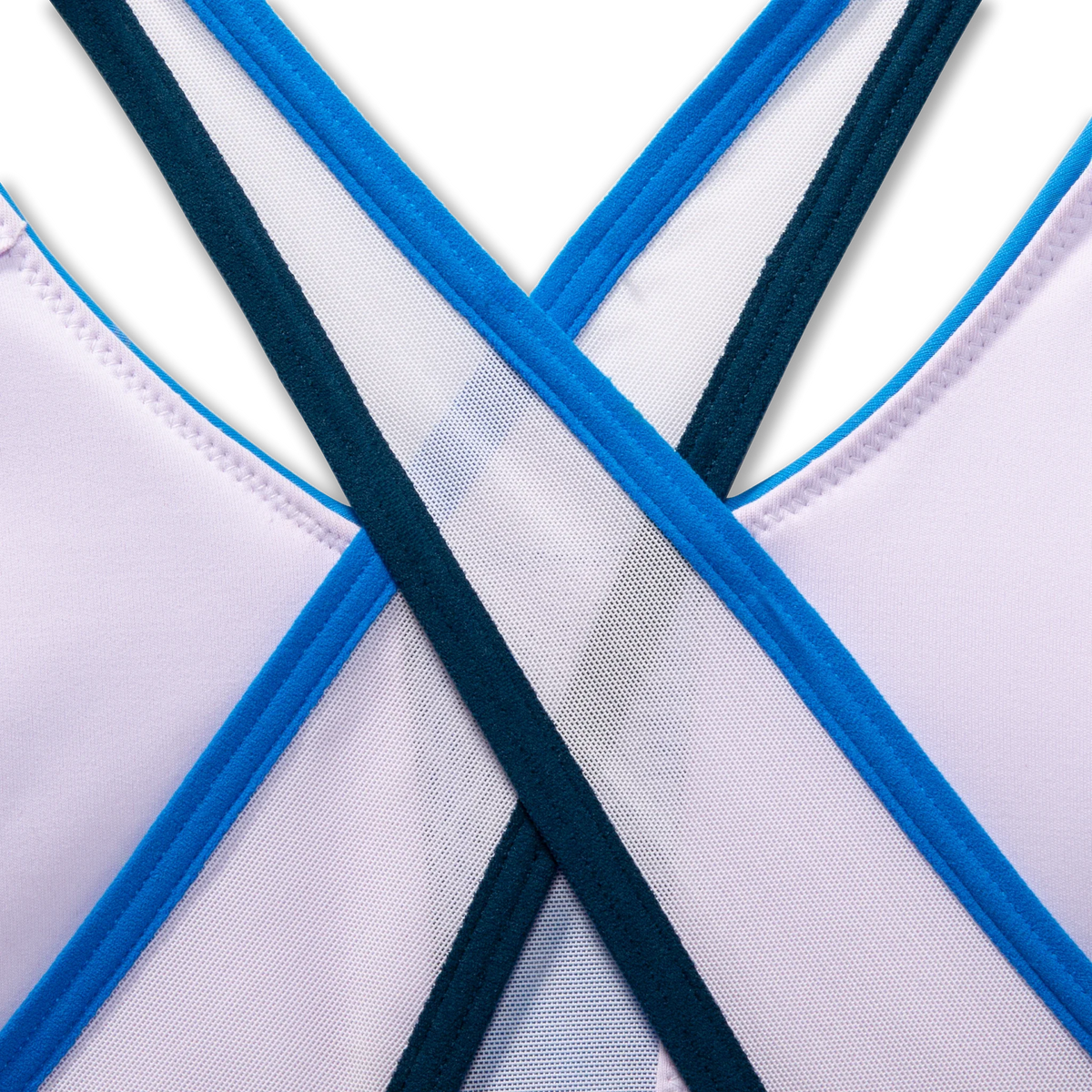 Brooks Drive Plunge 2.0 Bra back detail showing crossback straps in Azure Blue and Ocean Drive