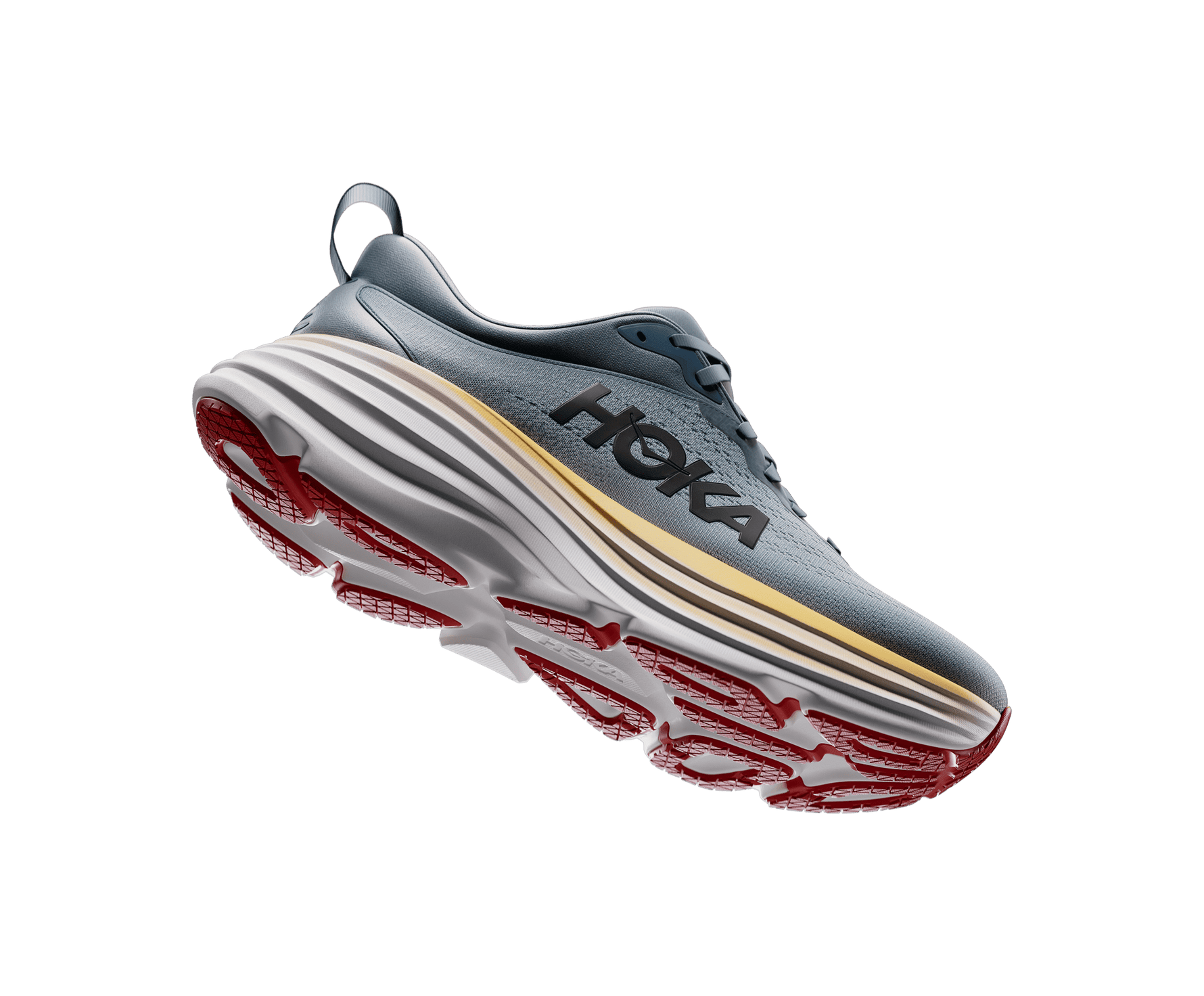 Hoka Bondi 8 men's running shoe in blue-gray with yellow stripe and red outsole