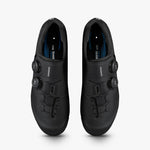 Shimano RC703 black cycling shoes top view with dual BOA dials and blue insoles