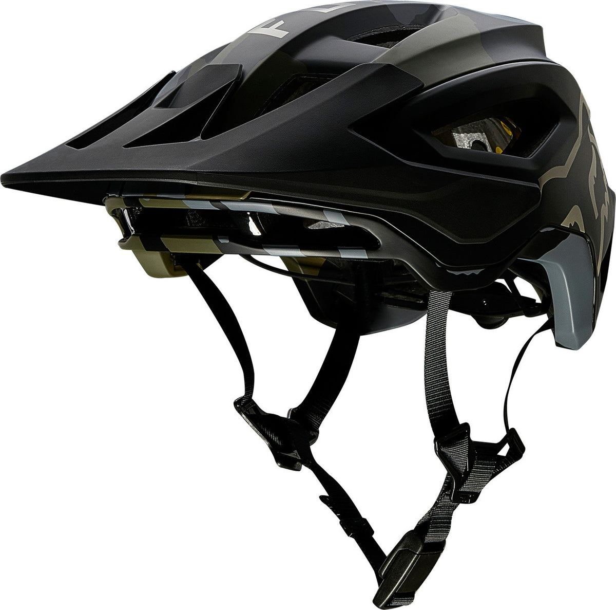 Fox Racing Speedframe Pro MTB helmet in matte black camo with visor and MIPS system