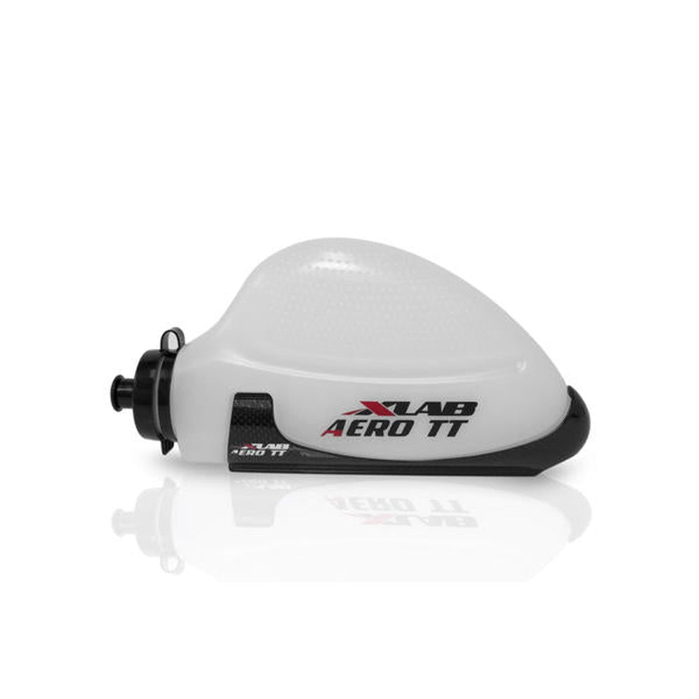 XLAB Aero TT aerodynamic water bottle and cage system in white and stealth black