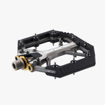 Shimano Saint PD-G8040 flat pedal angled view showing bottom traction pins and model number