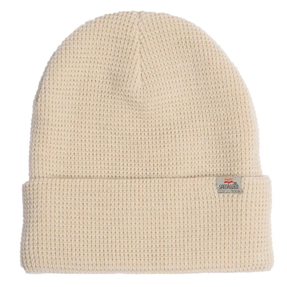 Specialized Flag Graphic Waffle Fold Beanie in cream white with logo patch on cuff