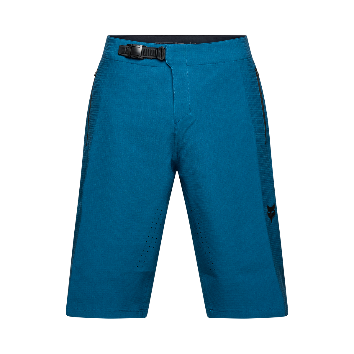 Fox Racing Defend mountain bike shorts in teal blue with buckle closure and Fox logo