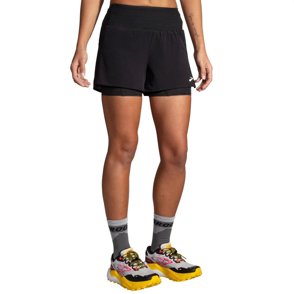 Brooks High Point 3-inch 2-in-1 Short 2.0 in black, front view on female model