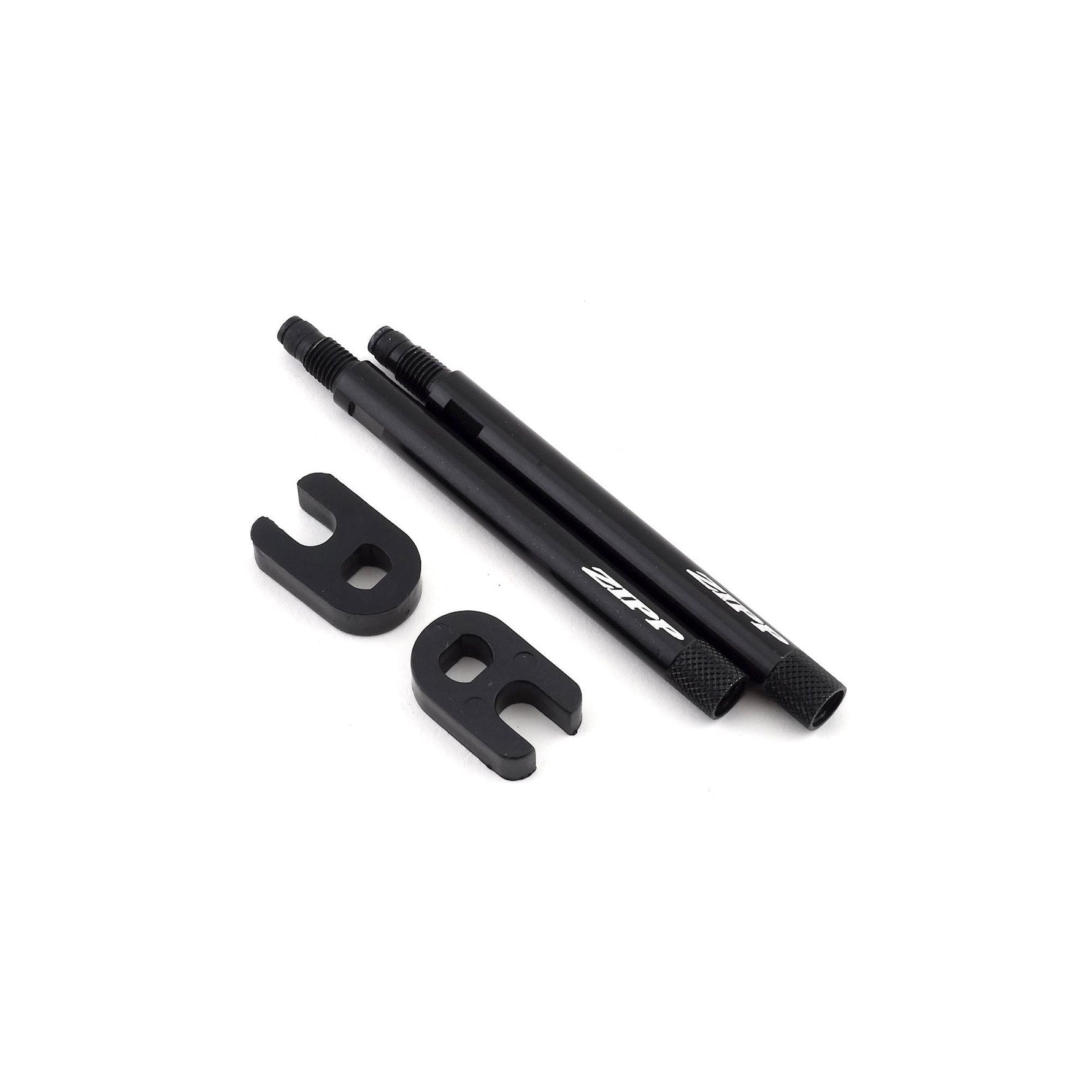 Zipp Tangente valve extenders in black with mounting hardware on white background