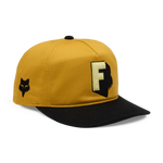 Fox Racing snapback hat in mustard yellow with black brim and chenille F patch